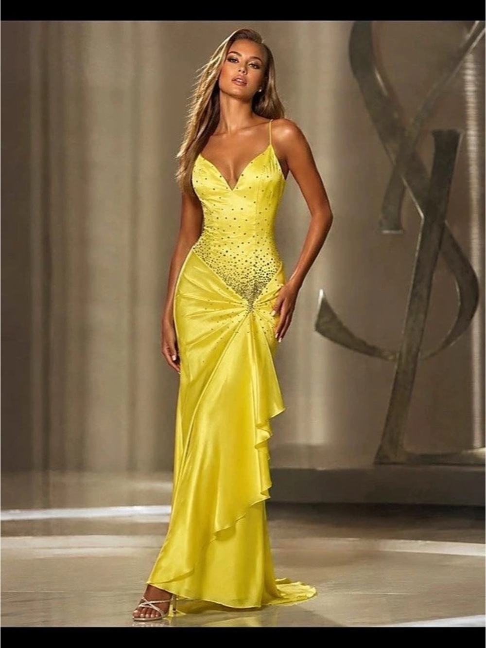 RARE VINTAGE Y2K Yellow Embellished Backless Maxi Dress